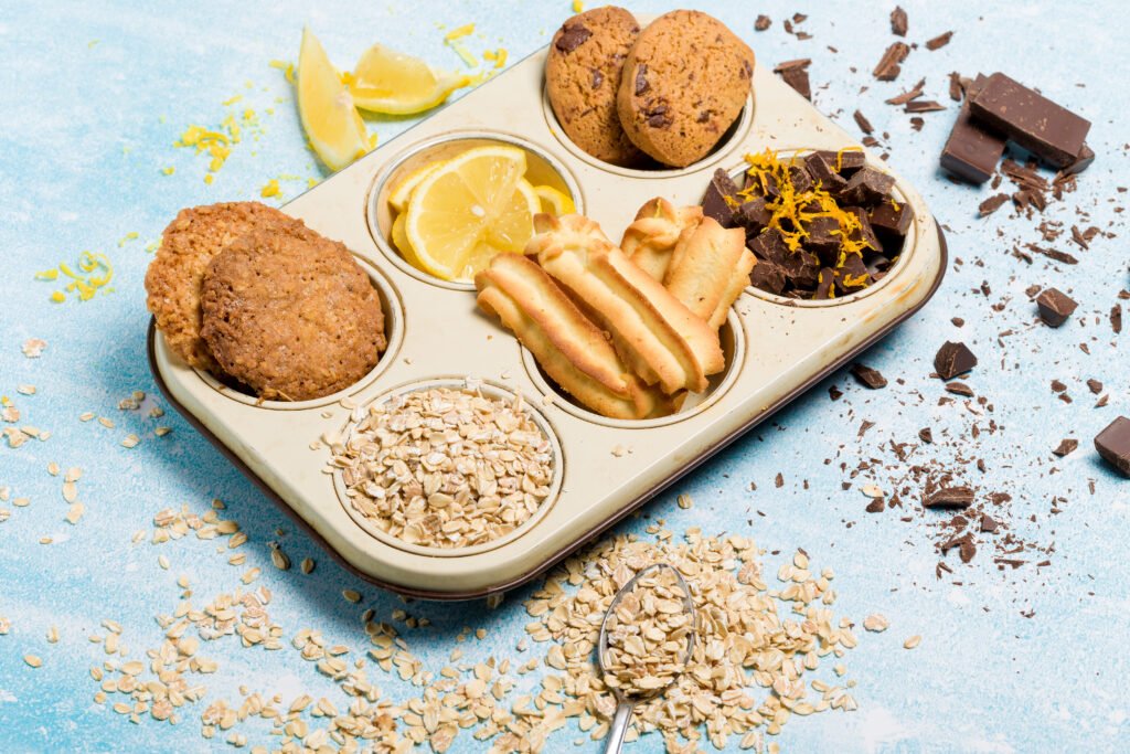 Different types of oatmeal desserts for diabetics with chocolate and lemon.