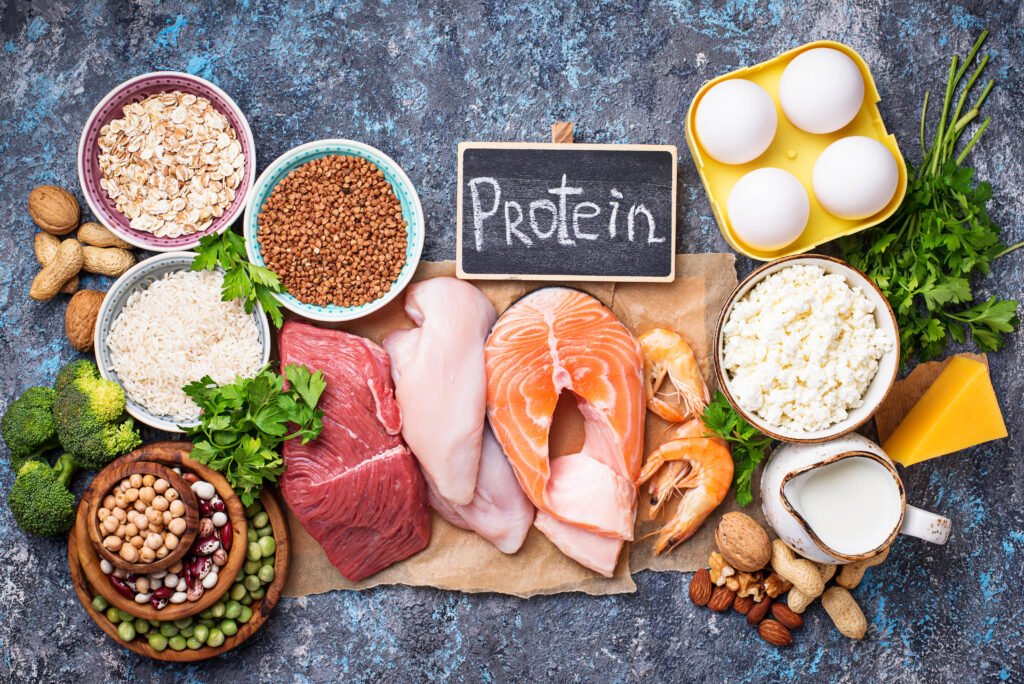 Healthy food high in protein. Meat, fish, dairy products, nuts and beans. Top view