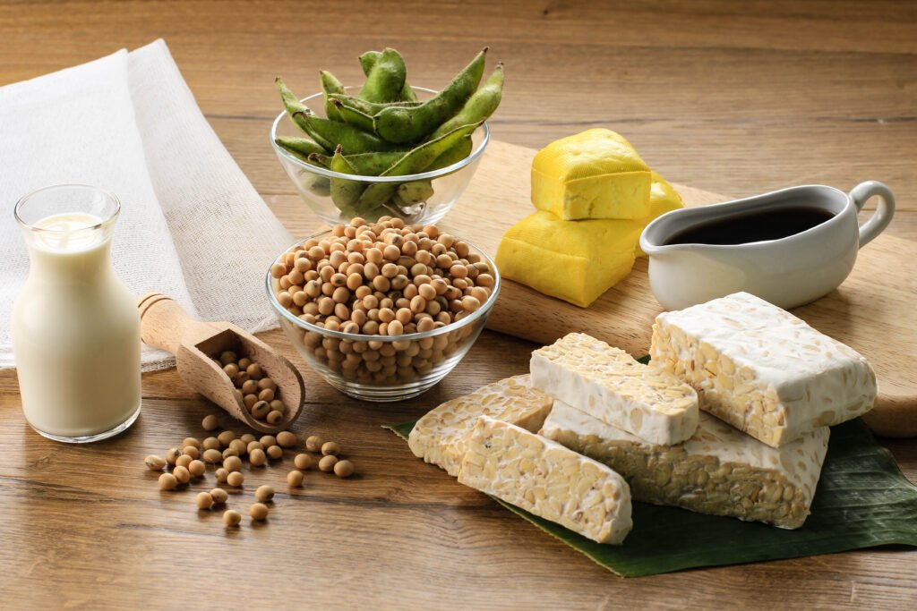 Soy protein Product: Raw Tofu, Tempeh, Soy Milk, Soy Sauce, and Soy Bean. Concept of Healthy Vegetarian Food