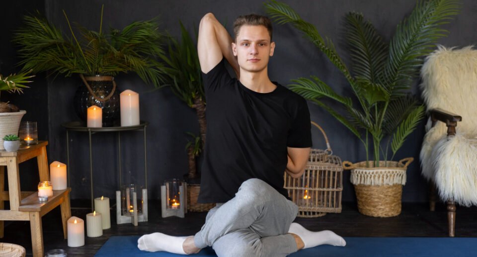 trainer in black and gray dress doing yoga to strech his body.