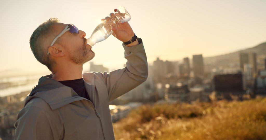 City, nature and man drinking water for fitness, health or wellness and to over come from dehydration with morning exercise on hill. .