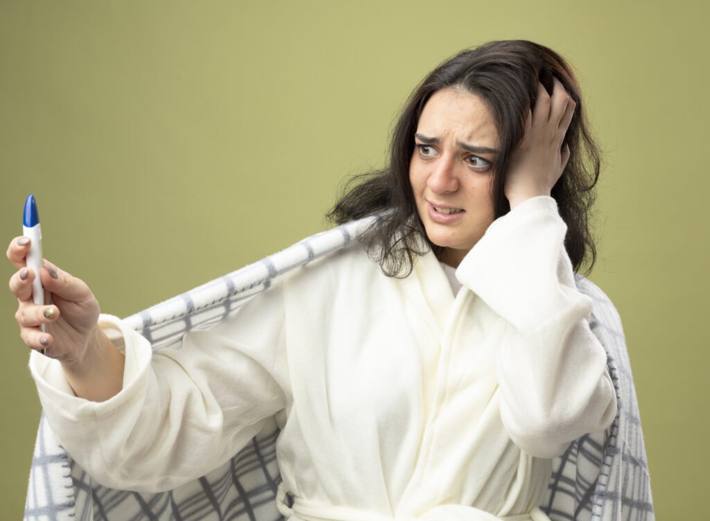 concerned young caucasian ill girl wearing robe wrapped in plaid holding and looking at thermometer keeping hand on head isolated on olive green background