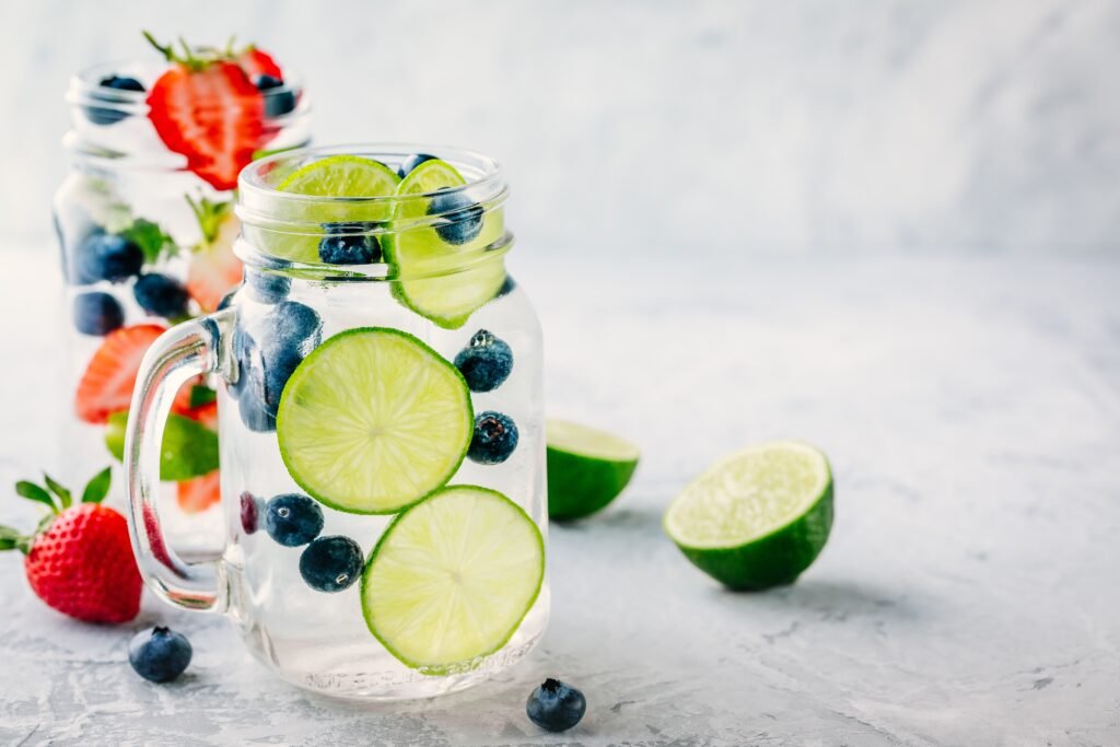 Infused detox water with green lime slices and blueberry. Iced cold summer cocktail  in glass mason jar